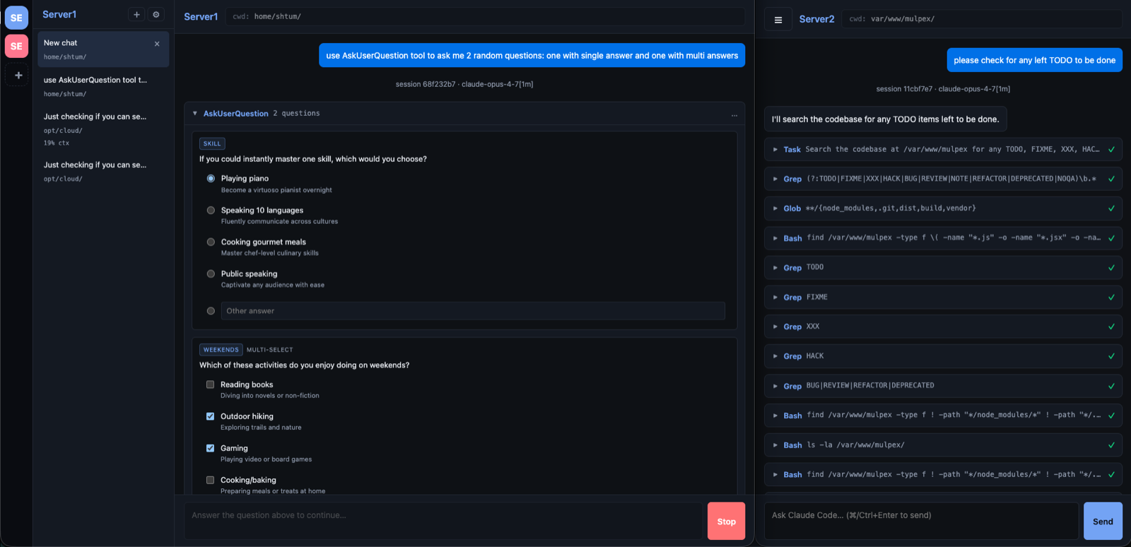 Two self-hosted spannora instances running side by side in the spannora hub. The left panel shows the desktop chat view with an AskUserQuestion tool card — single-select and multi-select questions about hobbies. The right panel shows the mobile-viewport view streaming Bash, Grep, Glob and Task tool calls while Claude searches a codebase for TODOs.